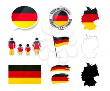 Large set of Germany infographics elements with flags, maps and badges isolated on white