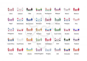 Large set of glossy metal badge icons in man, woman and childrens shapes with flags of world sovereign states, infographic elements isolated on white