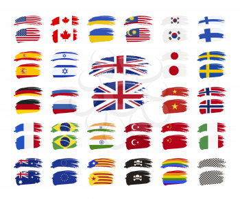 Large set of grunge brush strokes with different country flags on white