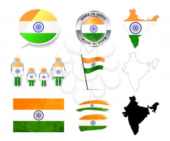 Large set of India infographics elements with flags, maps and badges isolated on white