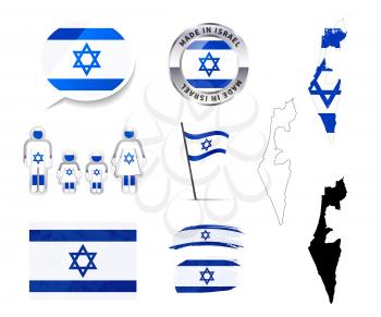 Large set of Israel infographics elements with flags, maps and badges isolated on white