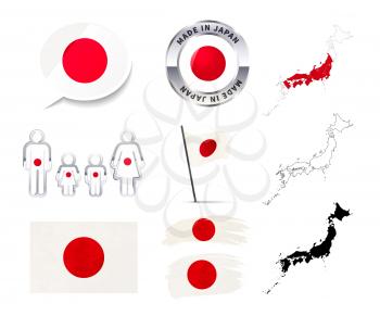 Large set of Japan infographics elements with flags, maps and badges isolated on white