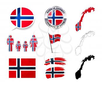 Large set of Norway infographics elements with flags, maps and badges isolated on white