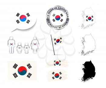 Large set of South Korea infographics elements with flags, maps and badges isolated on white