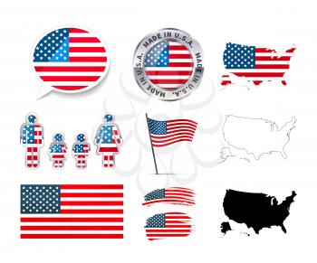 Large set of USA infographics elements with flags, maps and badges isolated on white