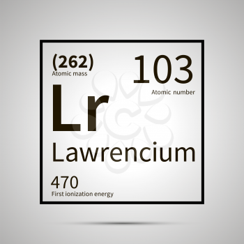 Lawrencium chemical element with first ionization energy, atomic mass and electronegativity values ,simple black icon with shadow on gray