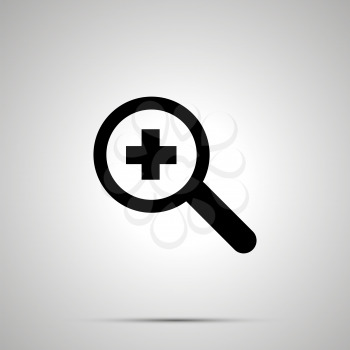 Magnifying glass with plus symbol, zoom-in simple black icon with shadow