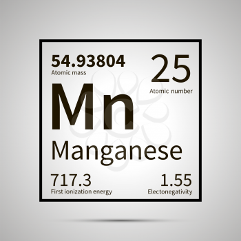 Manganese chemical element with first ionization energy, atomic mass and electronegativity values ,simple black icon with shadow on gray