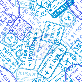 Many blue International travel visa rubber stamps imprints on white, seamless pattern