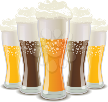 Many glasses of light and dark beer with foam isolated on white