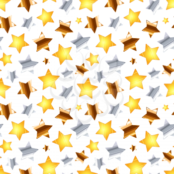 Many golden, silver and bronze stars on white, seamless pattern