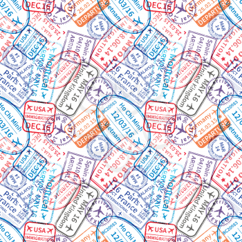 Many International travel visa rubber stamps imprints on white, seamless pattern