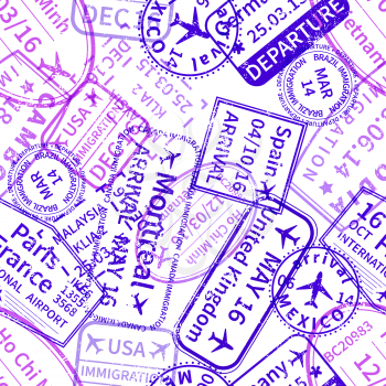 Many purple International travel visa rubber stamps imprints on white, seamless pattern