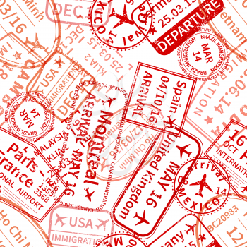 Many red International travel visa rubber stamps imprints on white, seamless pattern