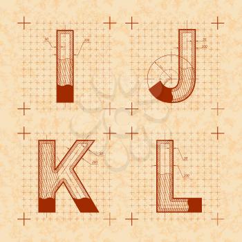 Medieval inventor sketches of I J K L letters. Retro style font on old yellow textured paper