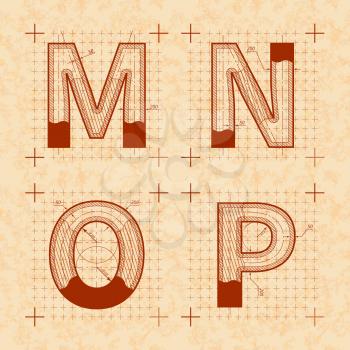 Medieval inventor sketches of M N O P letters. Retro style font on old yellow textured paper