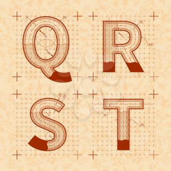 Medieval inventor sketches of Q R S T letters. Retro style font on old yellow textured paper