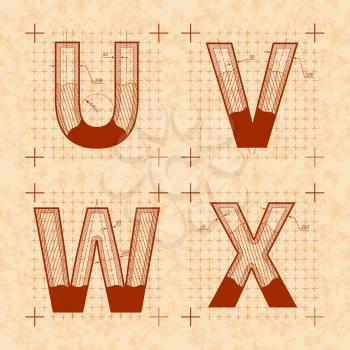 Medieval inventor sketches of U V W X letters. Retro style font on old yellow textured paper