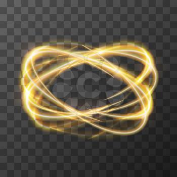 Neon blurry swirl, golden trail effect at motion. Luminous rings on transparent background