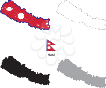 Nepal country black silhouette and with flag on background, isolated on white