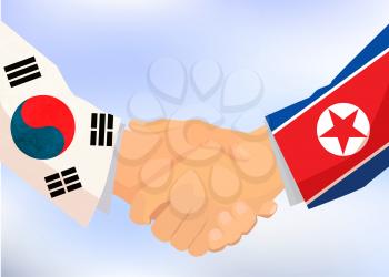 North and South Korea handshake, concept illustration on blue sky background