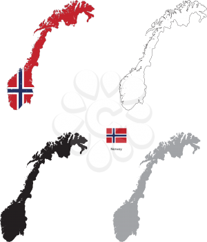 Norway country black silhouette and with flag on background, isolated on white
