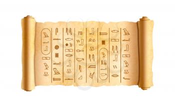 Old textured wide papyrus scroll with ancient egypt hieroglyphics isolated on white