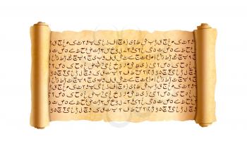 Old textured wide papyrus scroll with ancient urdu text without any sense on white