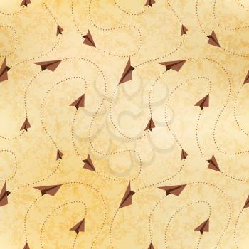 Paper airplanes fly on routes, map on old textured paper, seamless pattern