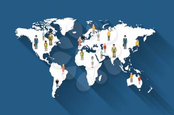 People from different countries on world map flat illustration
