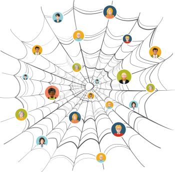People stuck in complicated spider web, flat illustration isolated on white