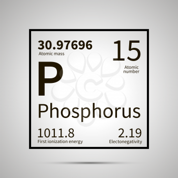 Phosphorus chemical element with first ionization energy, atomic mass and electronegativity values ,simple black icon with shadow on gray