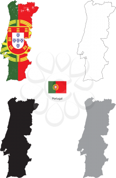Portugal country black silhouette and with flag on background, isolated on white