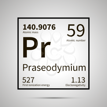Praseodymium chemical element with first ionization energy, atomic mass and electronegativity values ,simple black icon with shadow on gray