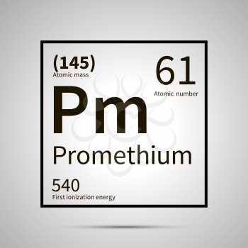 Promethium chemical element with first ionization energy, atomic mass and electronegativity values ,simple black icon with shadow on gray