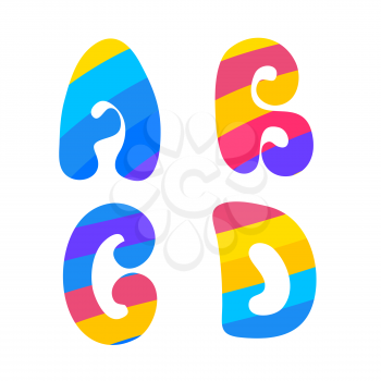 Psychedelic font with colorful pattern. Vintage hippie A B C D latin letters on white background