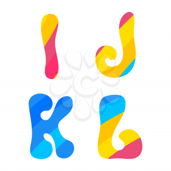 Psychedelic font with colorful pattern. Vintage hippie I J K L latin letters on white background