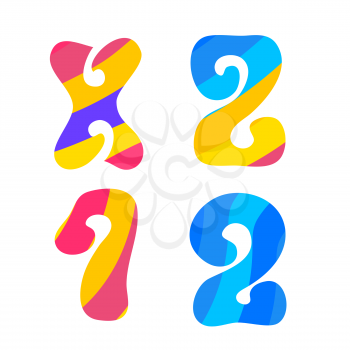 Psychedelic font with colorful pattern. Vintage hippie X Z 1 2 letters on white background