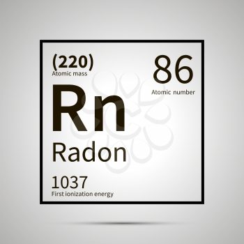Radon chemical element with first ionization energy and atomic mass values ,simple black icon with shadow on gray