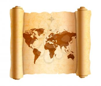 Realistic ancient world map on old textured scroll isolated on white