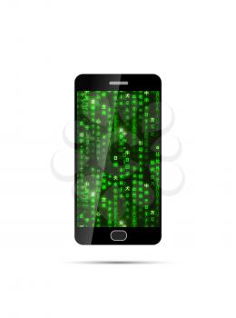 Realistic black smartphone with green matrix symbols on screen, isolated on white