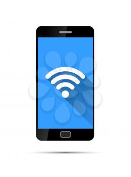 Realistic black smartphone with wifi icon on blue background, isolated on white