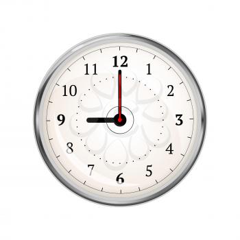 Realistic clock face showing 09-00 isolated on white