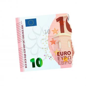 Realistic dummy of half ten euro banknote torn into two pieces on white