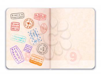 Realistic open foreign passport with immigration stamps on one of pages isolated on white