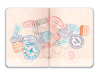Realistic open foreign passport with many bright colorful immigration stamps in car shape isolated on white