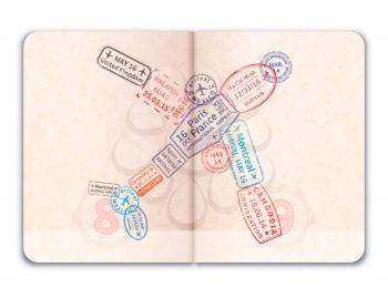 Realistic open foreign passport with many bright colorful immigration stamps in plane shape isolated on white