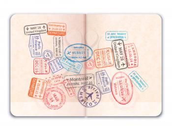Realistic open foreign passport with many bright colorful immigration stamps in train shape isolated on white