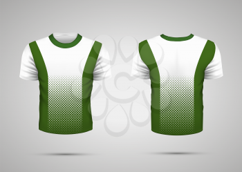Realistic white sport t-shirt with green stripes and pattern from front and back