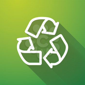 Recycling white icon with long shadow on green background, ecology flat illustration